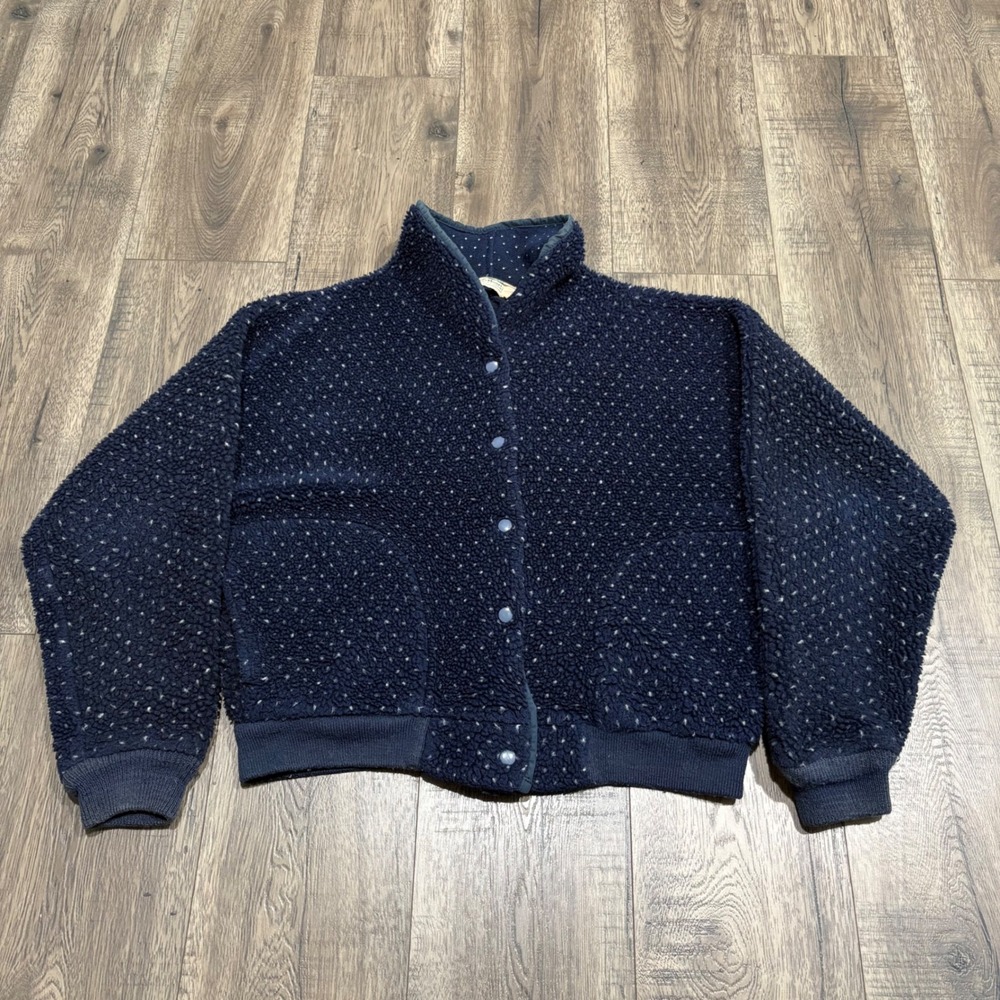 LL Bean Polka Dot Sherpa Fleece Jacket Womens L Navy Blue Vintage Snap Front